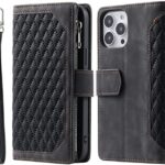 Long Lanyard läder fodral för iphone 14 med 7 kortplatser svart