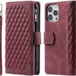 Long Lanyard läder fodral för iphone 14 pro med 7 kortplatser vinröd