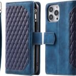 Long Lanyard läder fodral för iphone 14 pro med 7 kortplatser blå