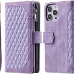 Long Lanyard läder fodral för iphone 14 pro med 7 kortplatser lila