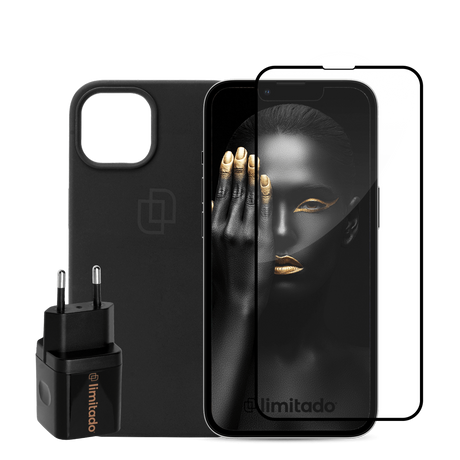 Limitado-Tillbehorspaket-iphone-13-Silikon.png Limitado kitpaket Härdat Glas, vägladdare och fodral – iPhone 13 / 13 - Image 1
